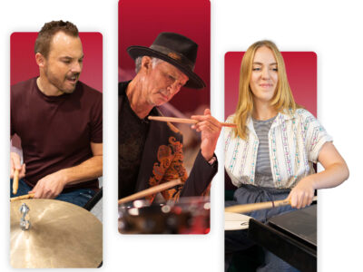 3 images of drummers. 2 male including Chad Smith and 1 female.